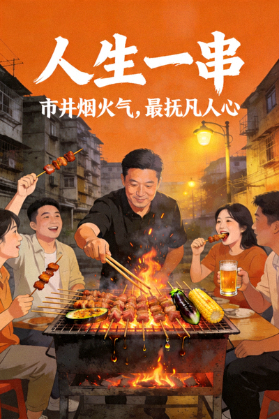 《人生一串》烧烤主题海报，市井烧烤烟火气
